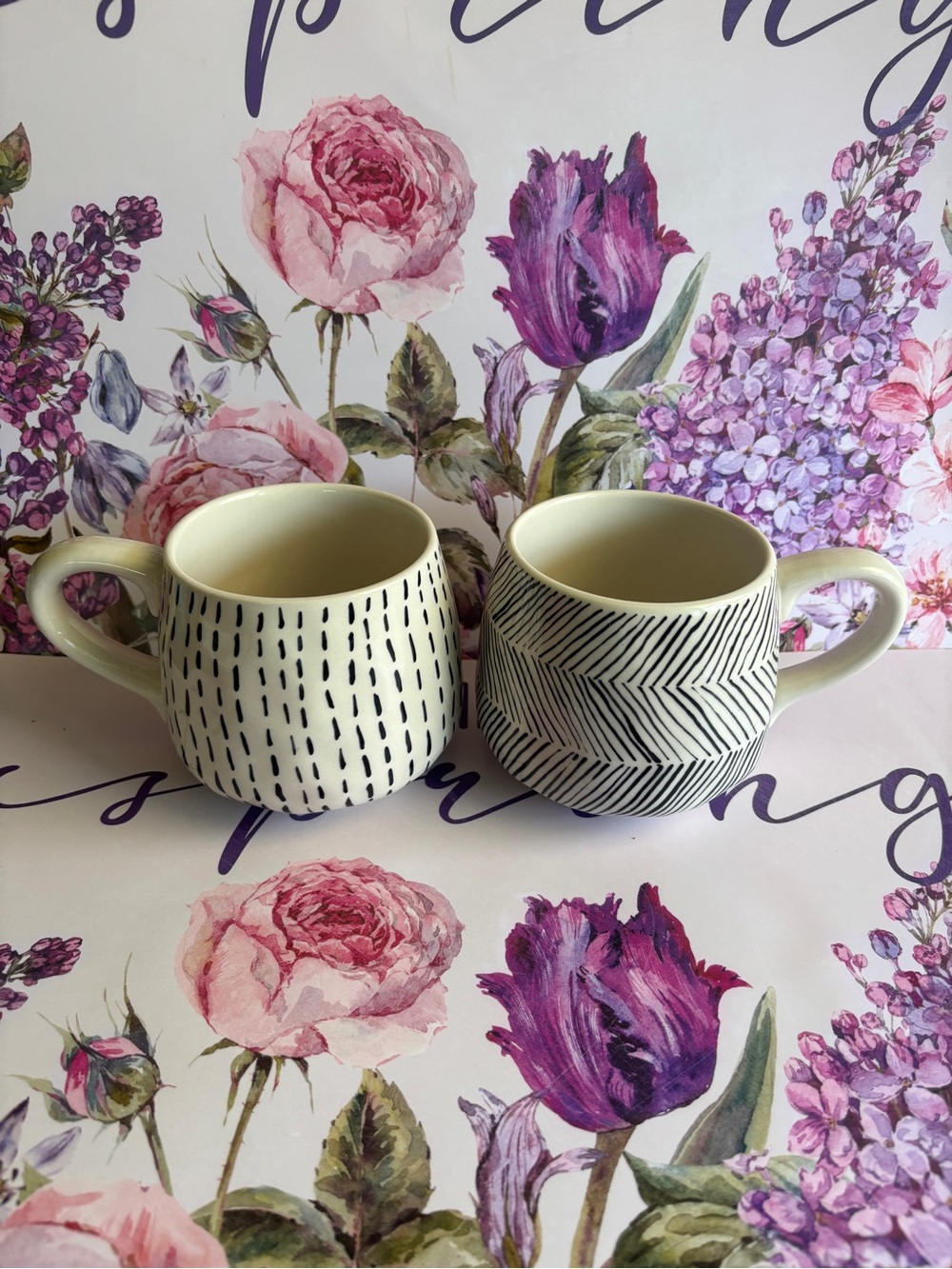 At Home 2 White Ceramic Mugs with Black Dash/ Dots Pattern